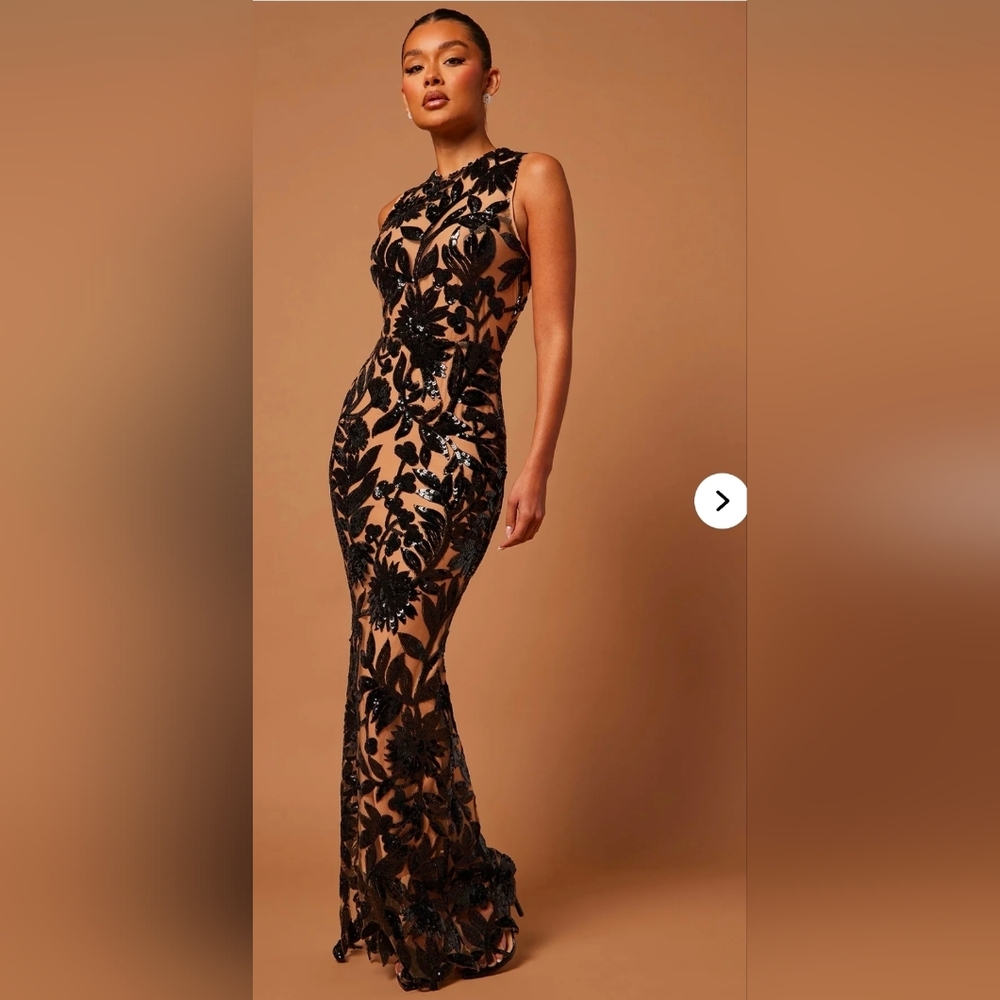 Fashion Nova Black Floral Sequin Midi Dress